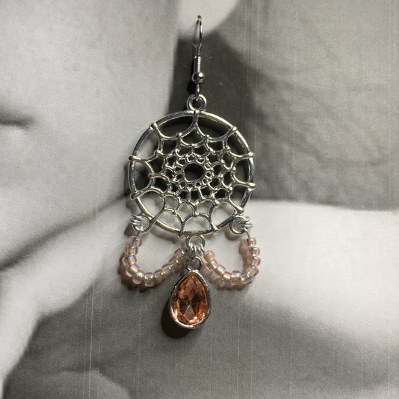 Pink Tear Drop Dangling From Dream Catcher Tibetan Boho Chandelier Style Earring - Picture 3 of 16